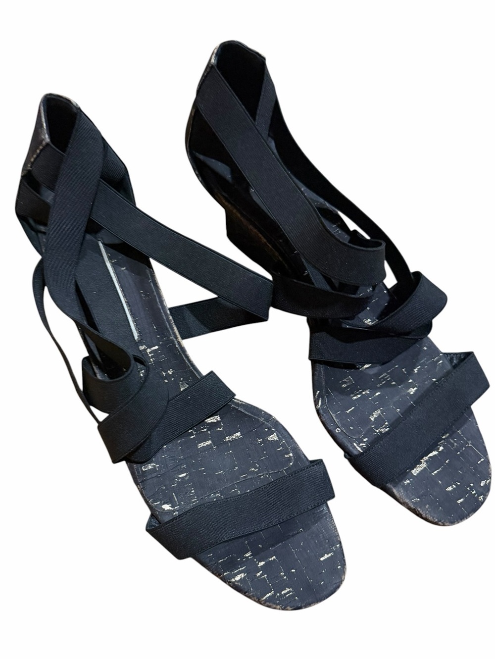 Manolo Blahnik Black Elastic Strap Cork Wedge Sandals EU 42